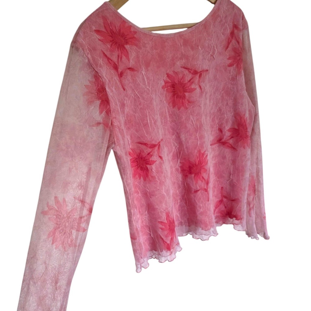 Y2K Olsen Pink Floral Mesh Long Sleeve Scoop-Back Blouse Stretchy 16 XL - Picture 4 of 7